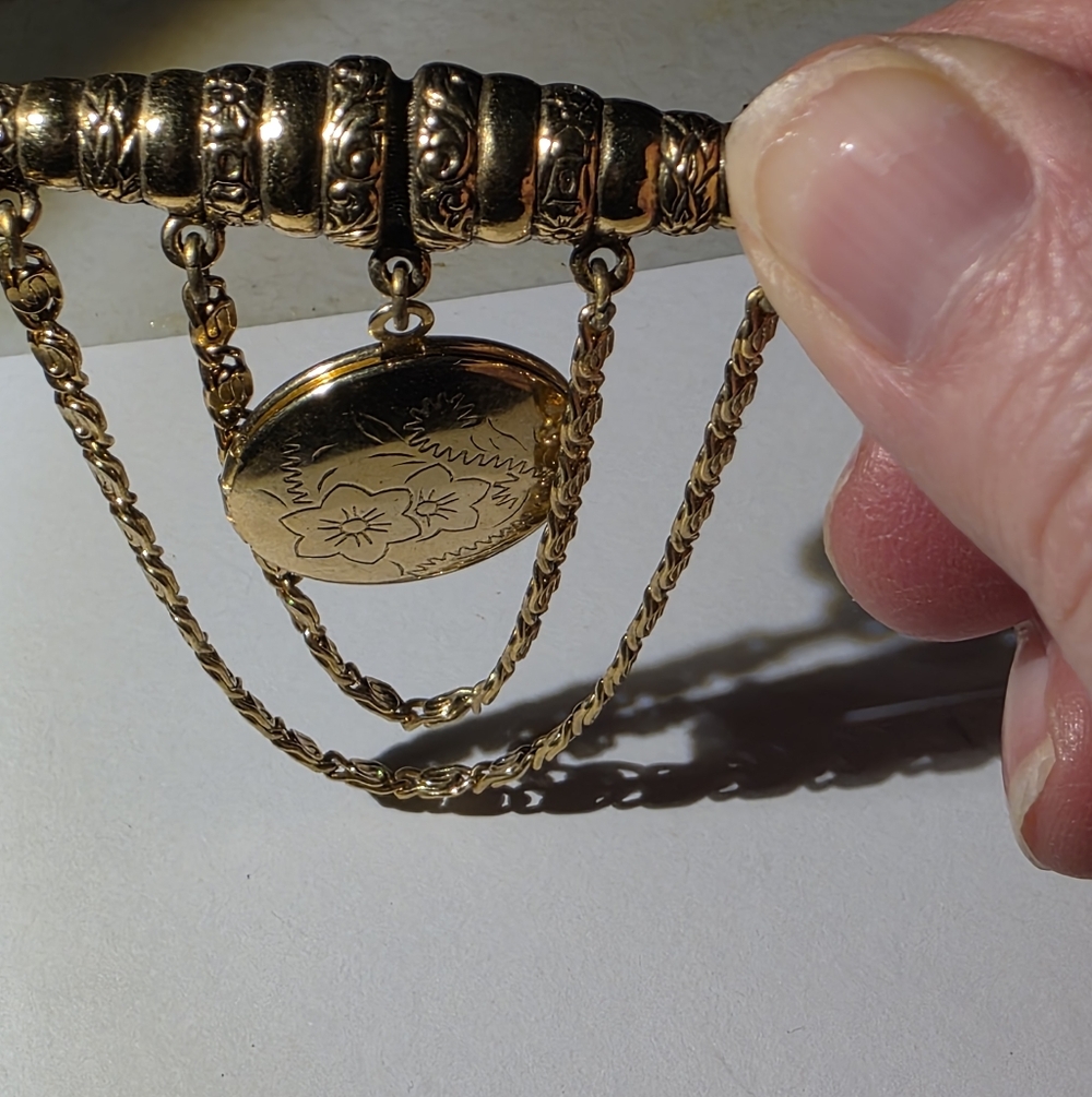Vintage Gold Tone Chatelaine Locket Brooch - Floral Etched Double Chain Pin
